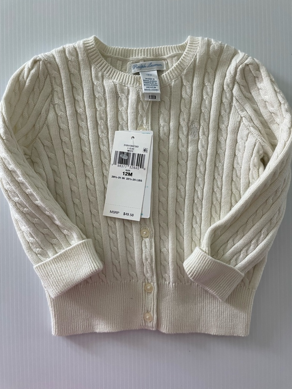 Polo by Ralph Lauren Cream Cable Knit Baby Cardigan